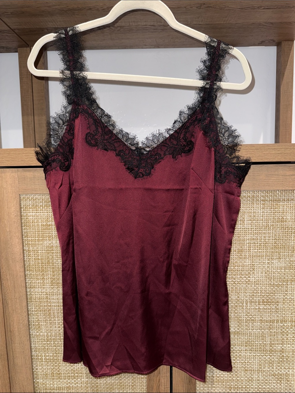 White House Black Market Burgundy Satin Lace-Trim Camisole